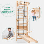 Mur d'escalade d'intérieur 6 en 1 : espalier, anneaux de gymnastique, échelle suspendue, balançoire disque, toboggan et barre de traction pour enfants