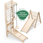 Mur d'escalade d'intérieur 6 en 1 : espalier, anneaux de gymnastique, échelle suspendue, balançoire disque, toboggan et barre de traction pour enfants