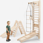 Mur d'escalade d'intérieur 6 en 1 : espalier, anneaux de gymnastique, échelle suspendue, balançoire disque, toboggan et barre de traction pour enfants